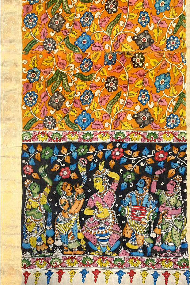 Hand painted Kalamkari on Bangalore silk saree in orange
