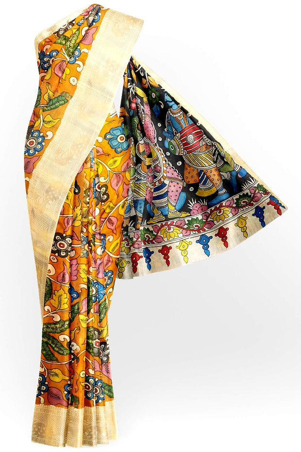 Hand painted Kalamkari on Bangalore silk saree in orange