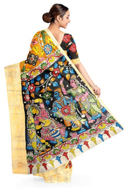 Hand painted Kalamkari on Bangalore silk saree in orange