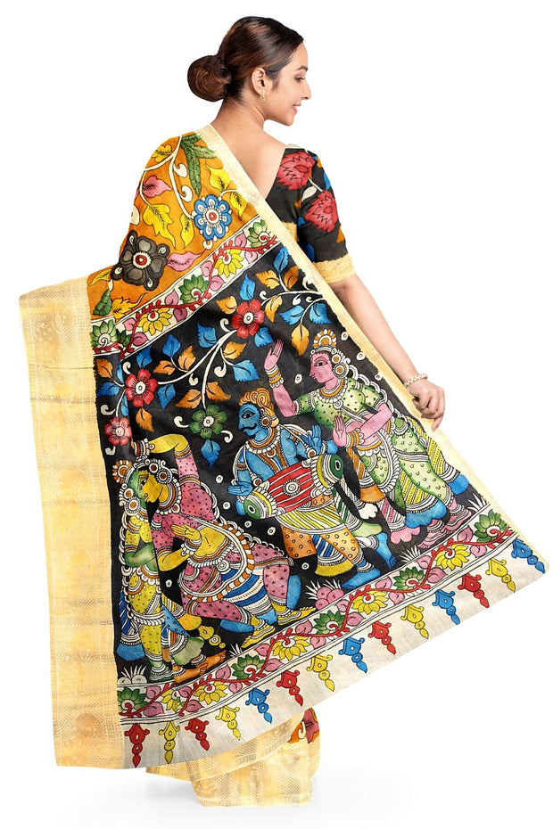 Hand painted Kalamkari on Bangalore silk saree in orange