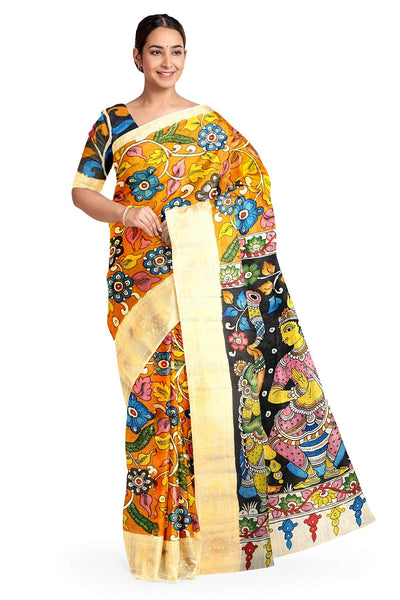 Hand painted Kalamkari on Bangalore silk saree in orange