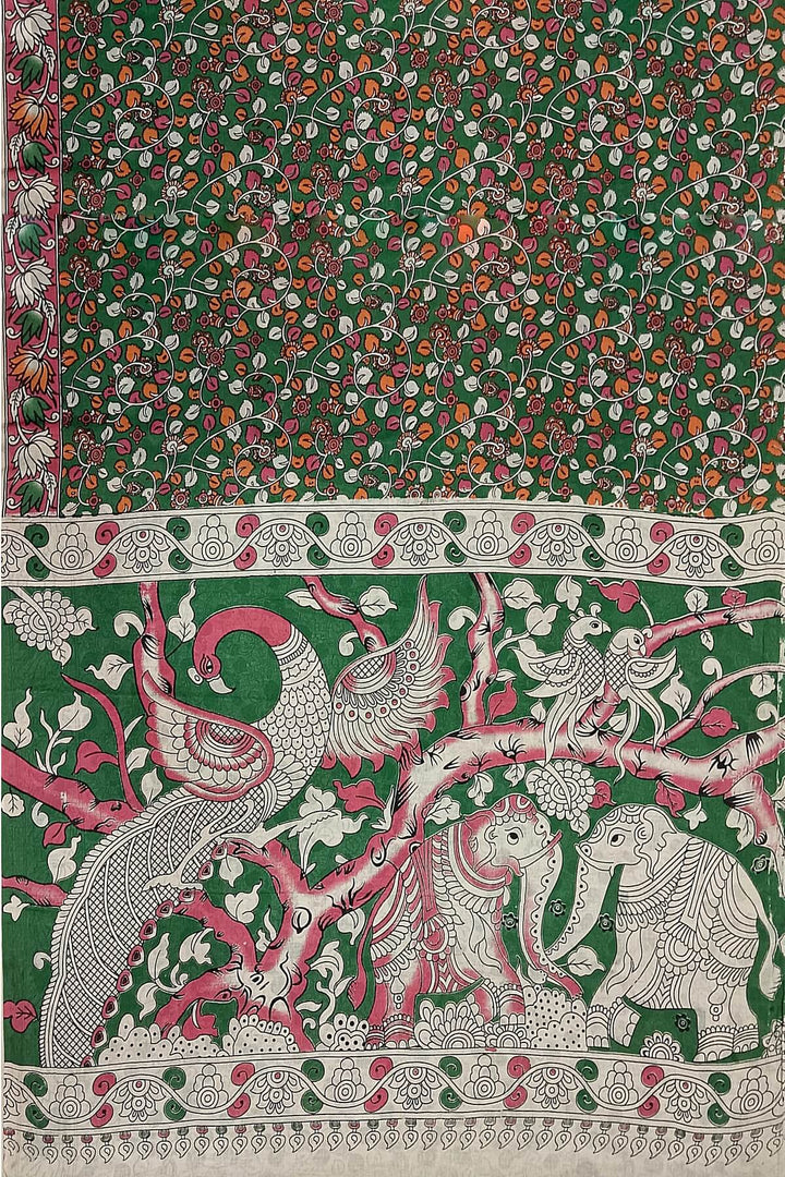 Printed Kalamkari pure cotton saree in dark green