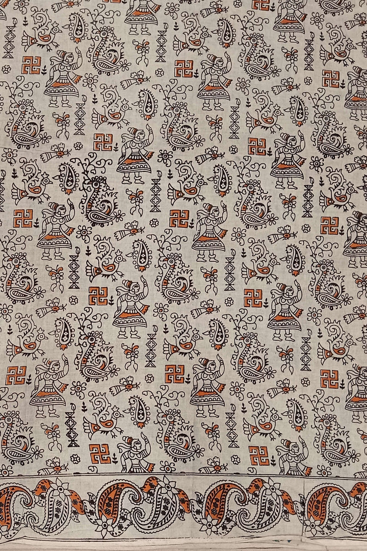 Printed Kalamkari pure cotton saree in prussian blue