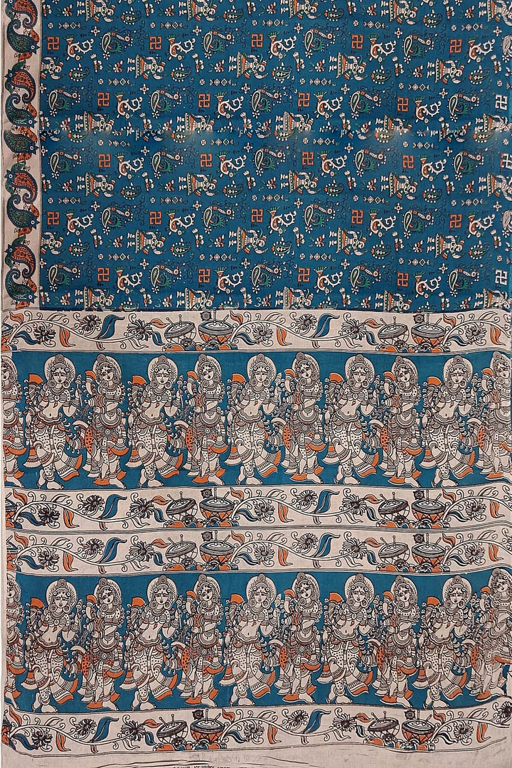 Printed Kalamkari pure cotton saree in prussian blue
