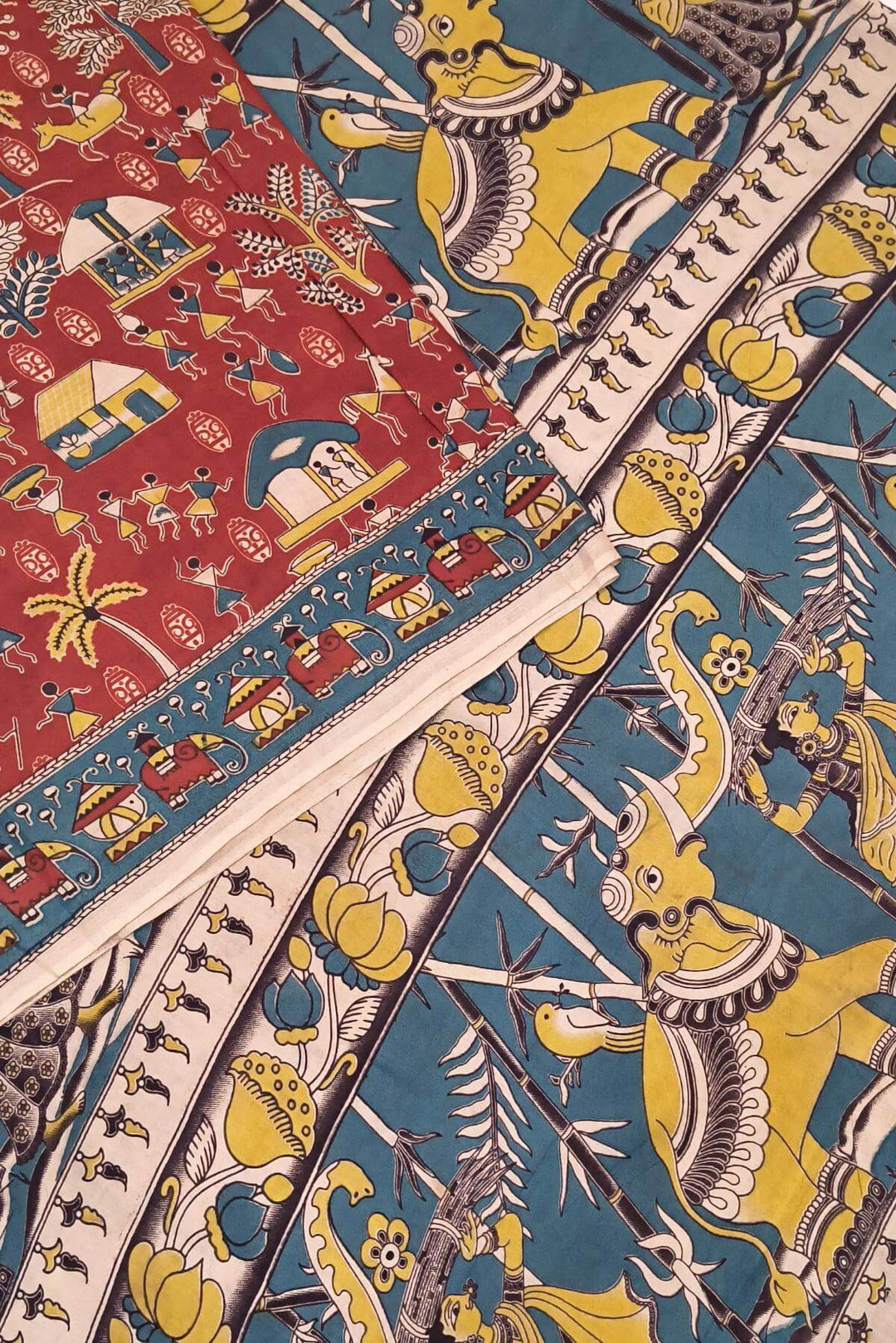 Printed  kalamkari pure cotton saree in maroon