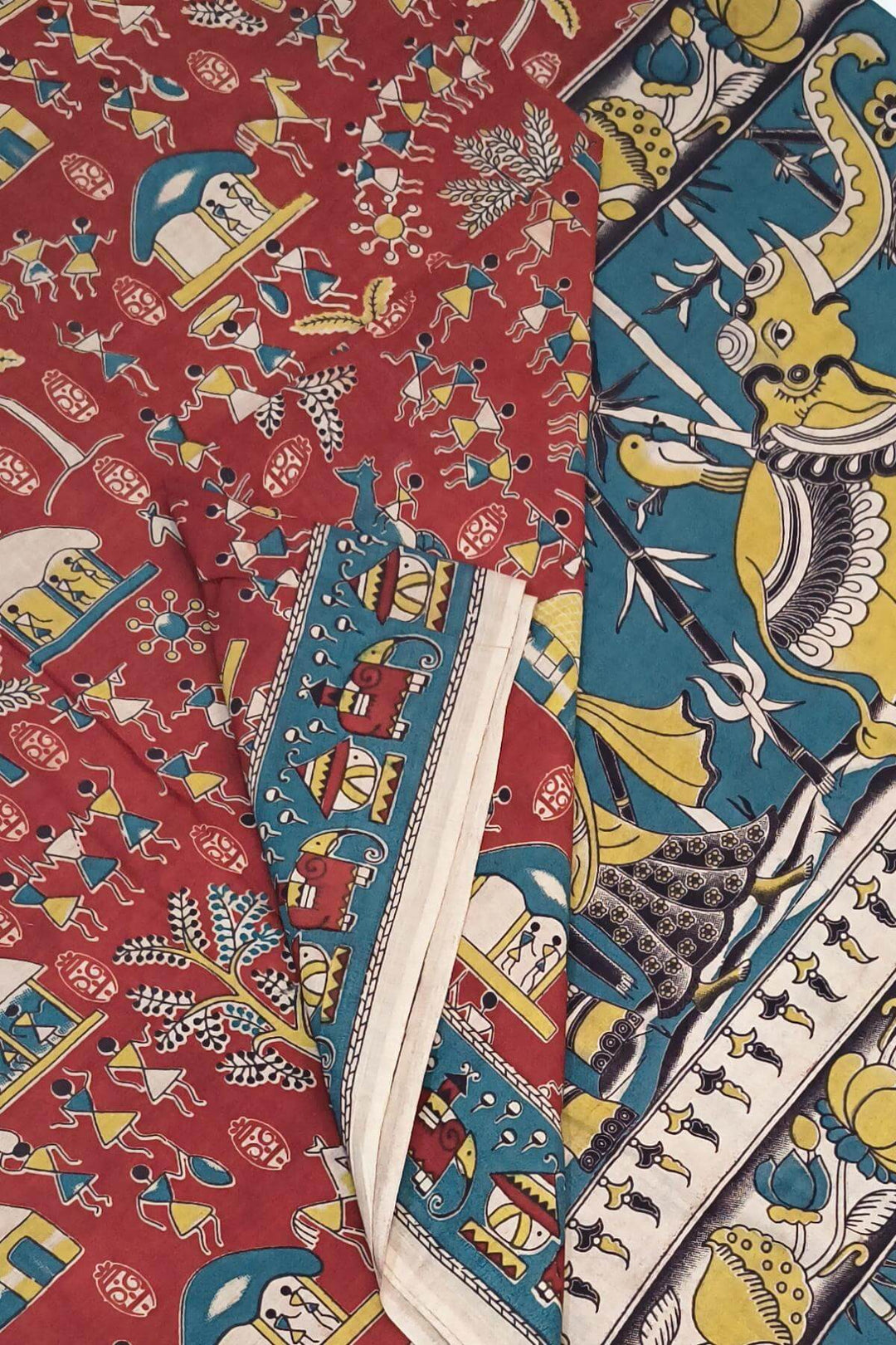 Printed  kalamkari pure cotton saree in maroon