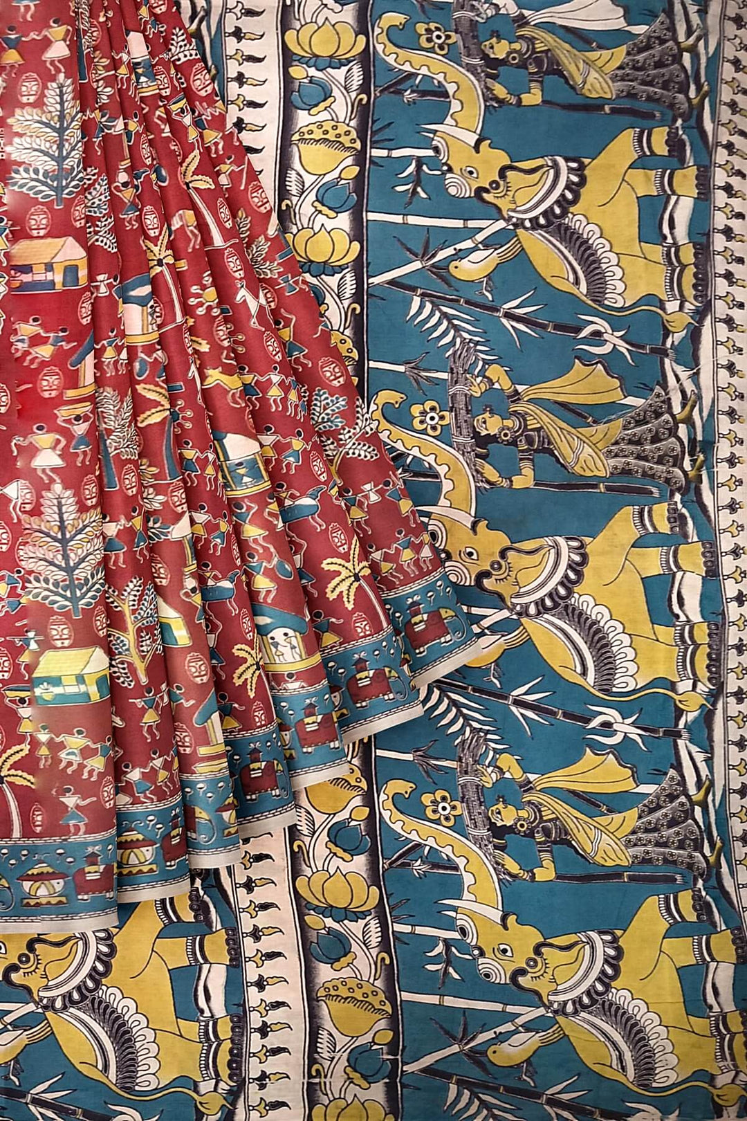 Printed  kalamkari pure cotton saree in maroon