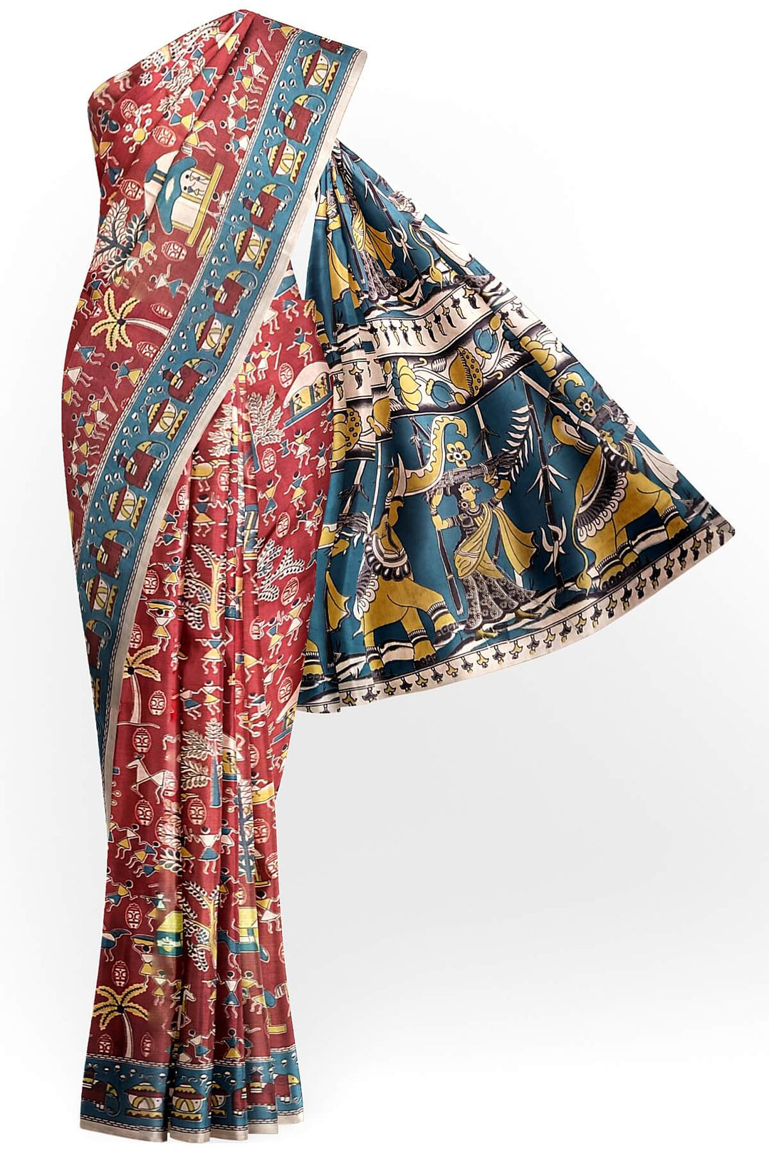 Printed  kalamkari pure cotton saree in maroon