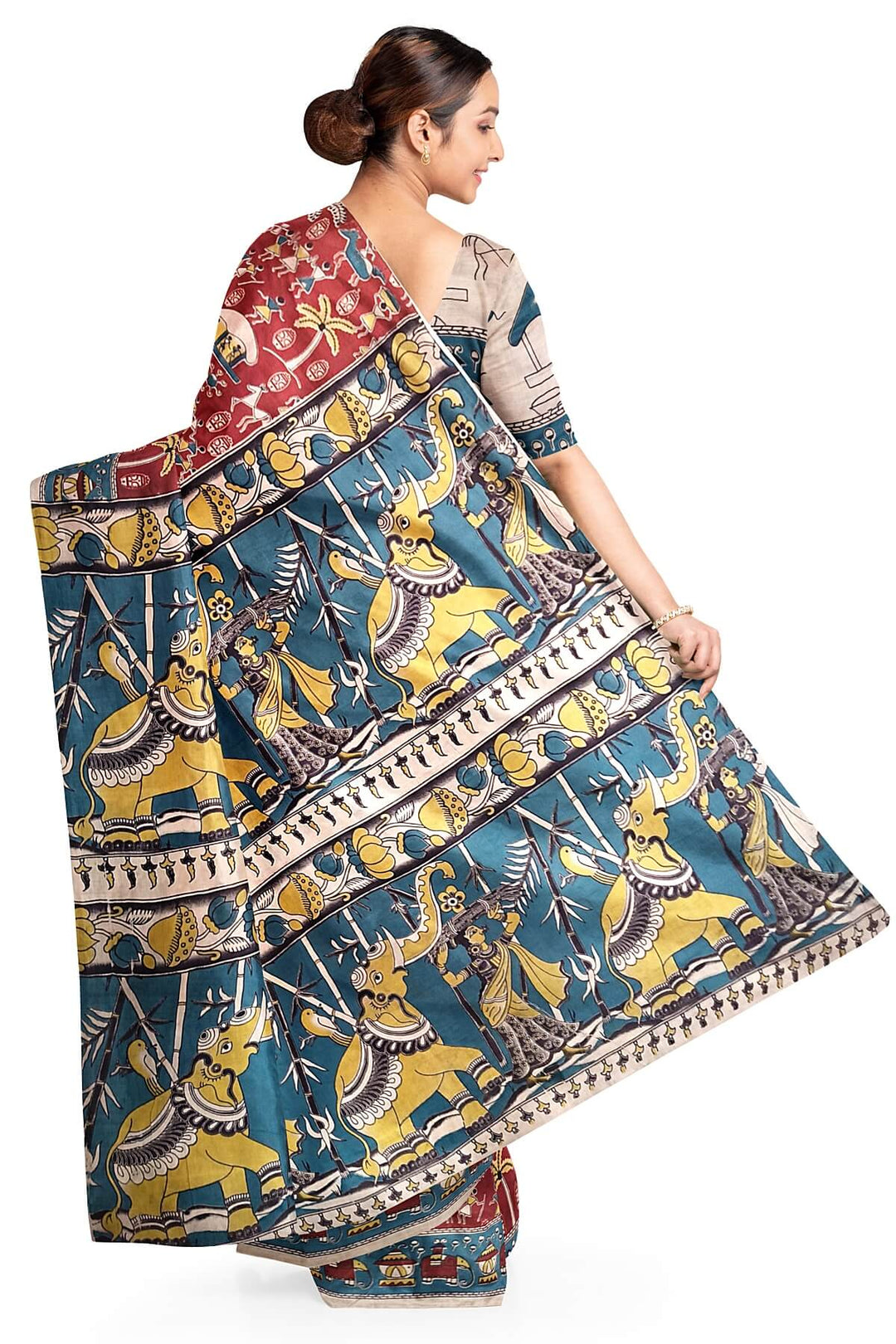 Printed  kalamkari pure cotton saree in maroon