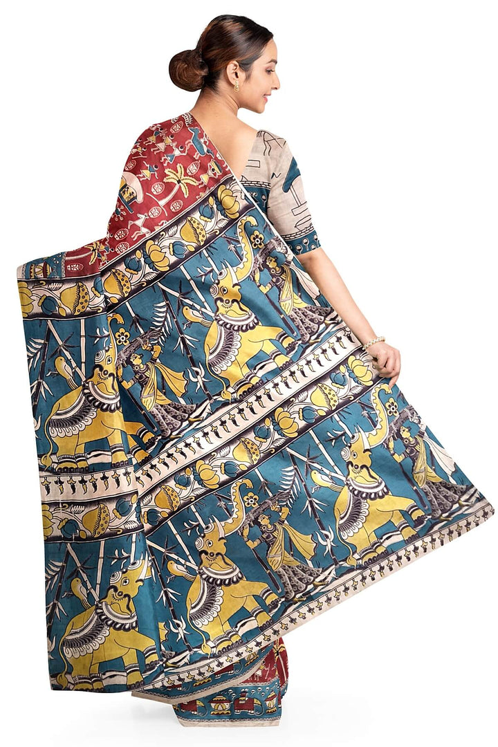 Printed  kalamkari pure cotton saree in maroon