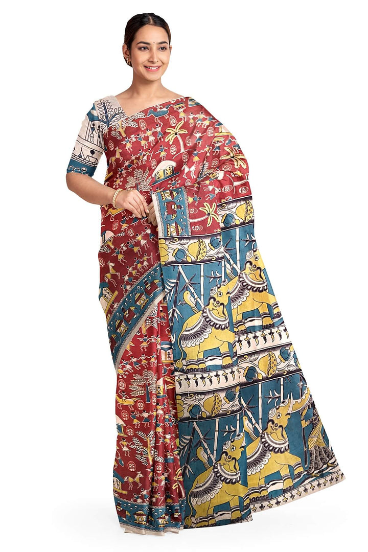 Printed  kalamkari pure cotton saree in maroon
