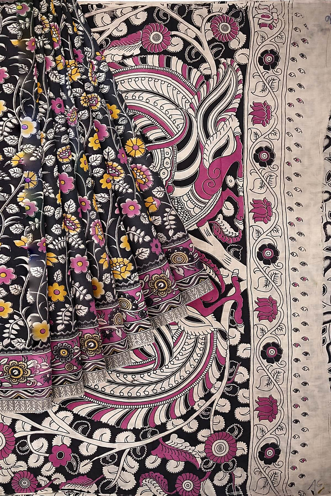 Printed  kalamkari pure cotton saree in  black