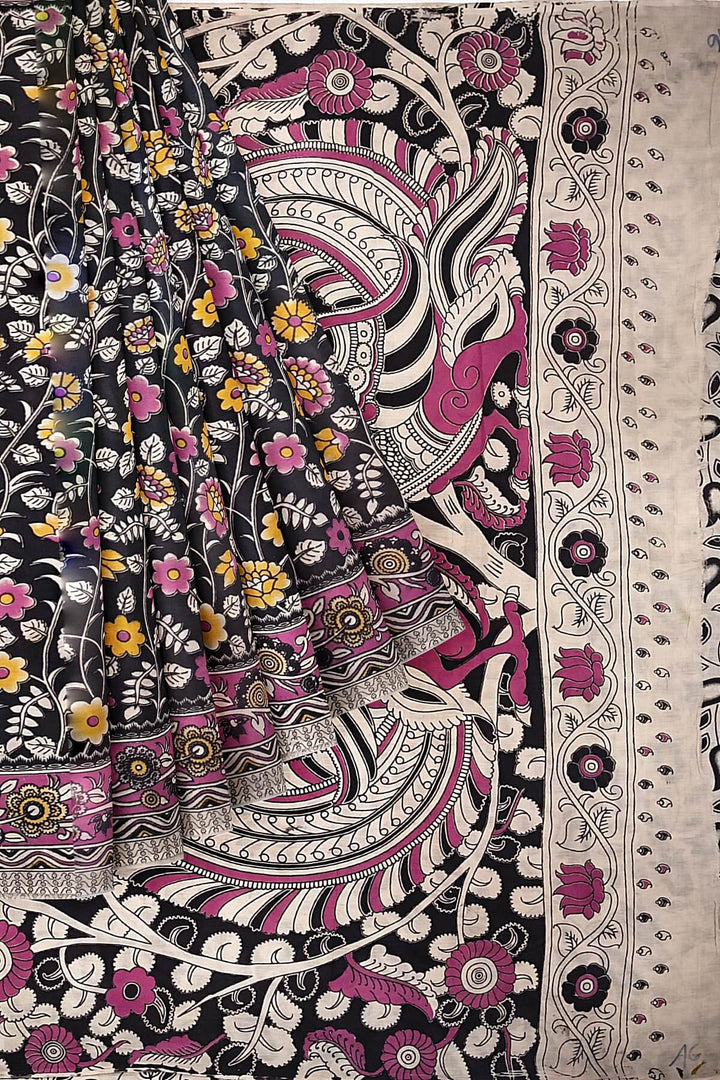 Printed  kalamkari pure cotton saree in  black