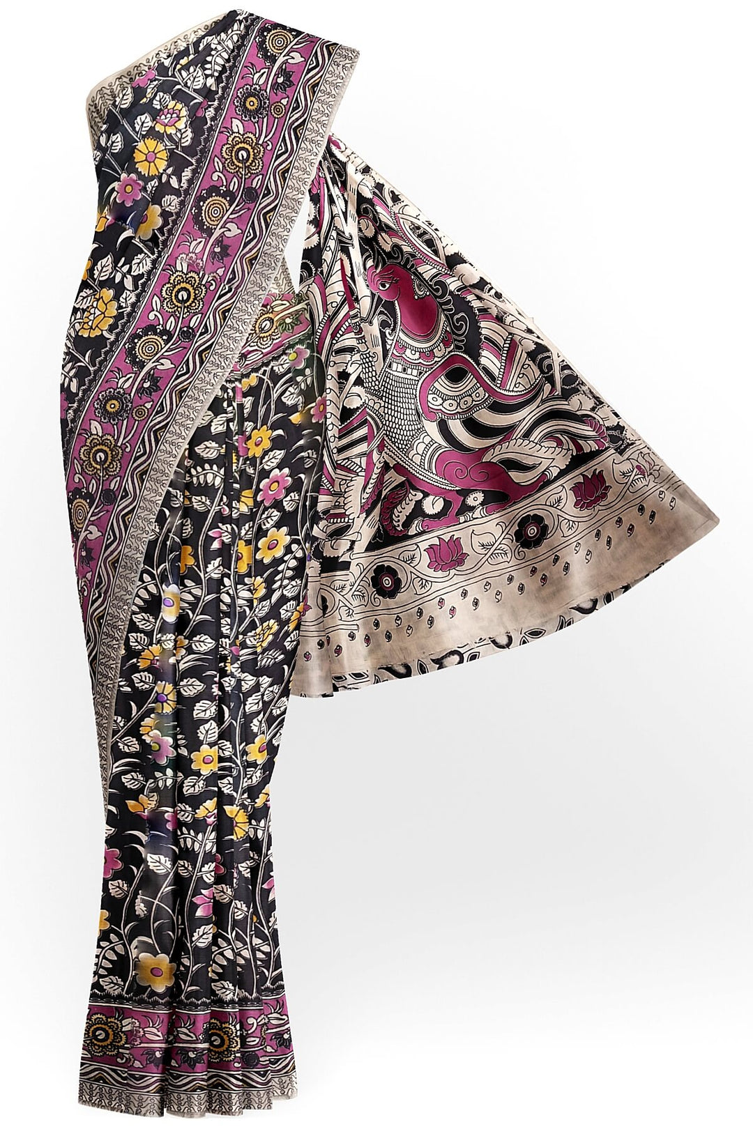 Printed  kalamkari pure cotton saree in  black