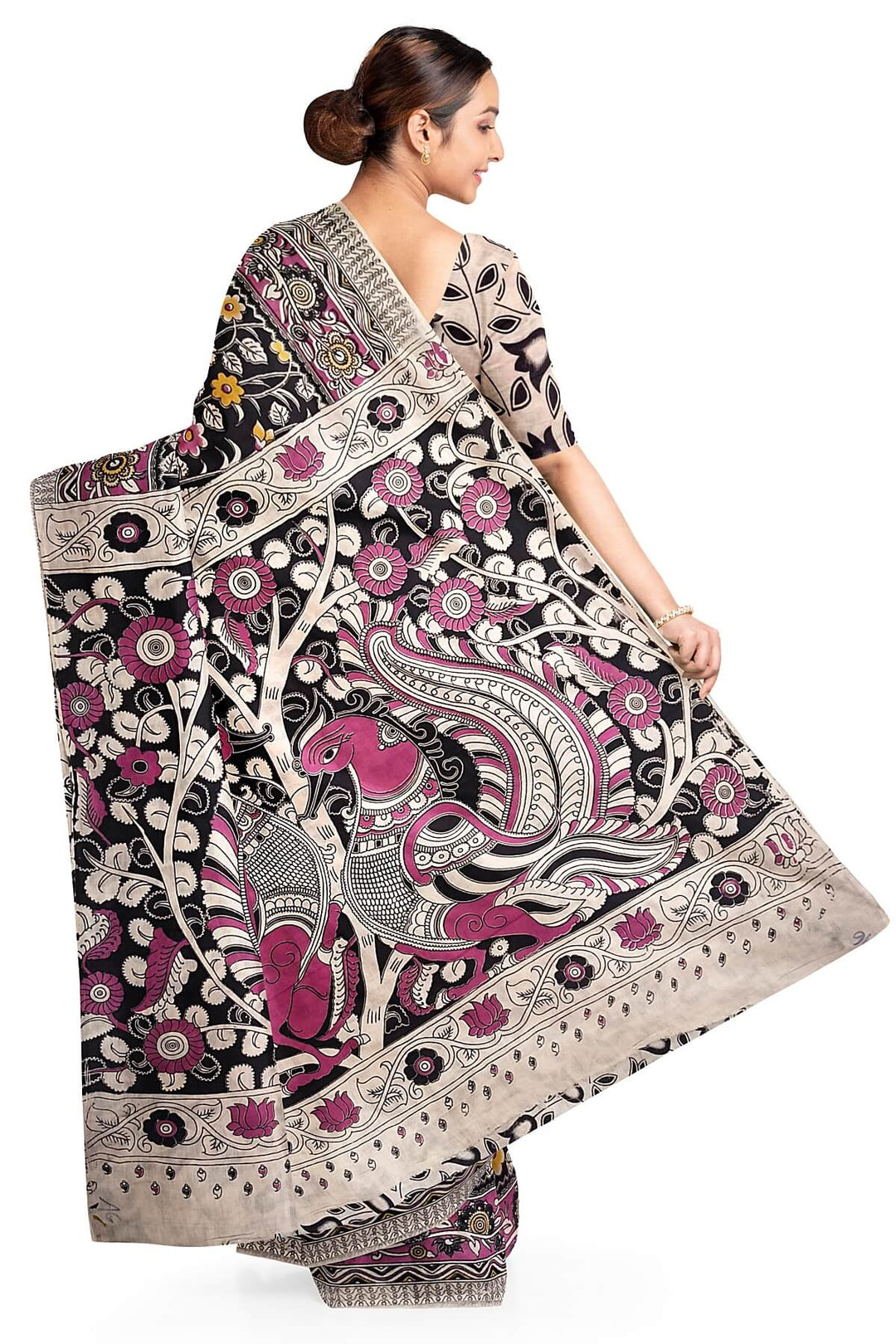 Printed  kalamkari pure cotton saree in  black