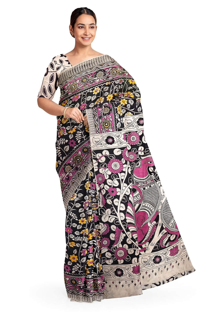 Printed  kalamkari pure cotton saree in  black