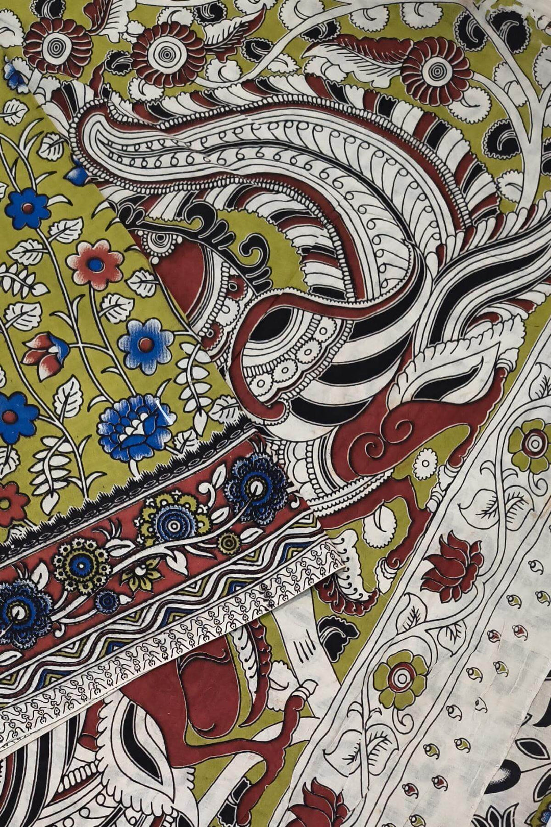Printed  kalamkari pure cotton saree in mehndi green