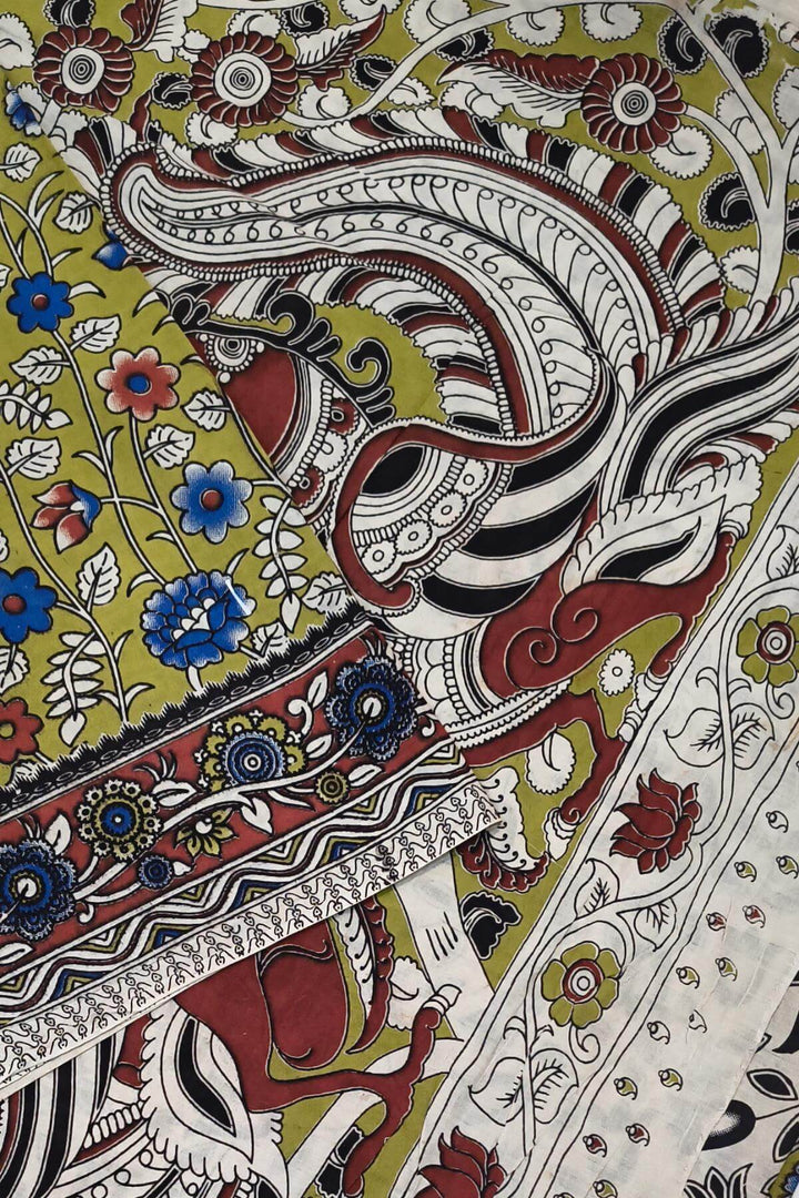 Printed  kalamkari pure cotton saree in mehndi green