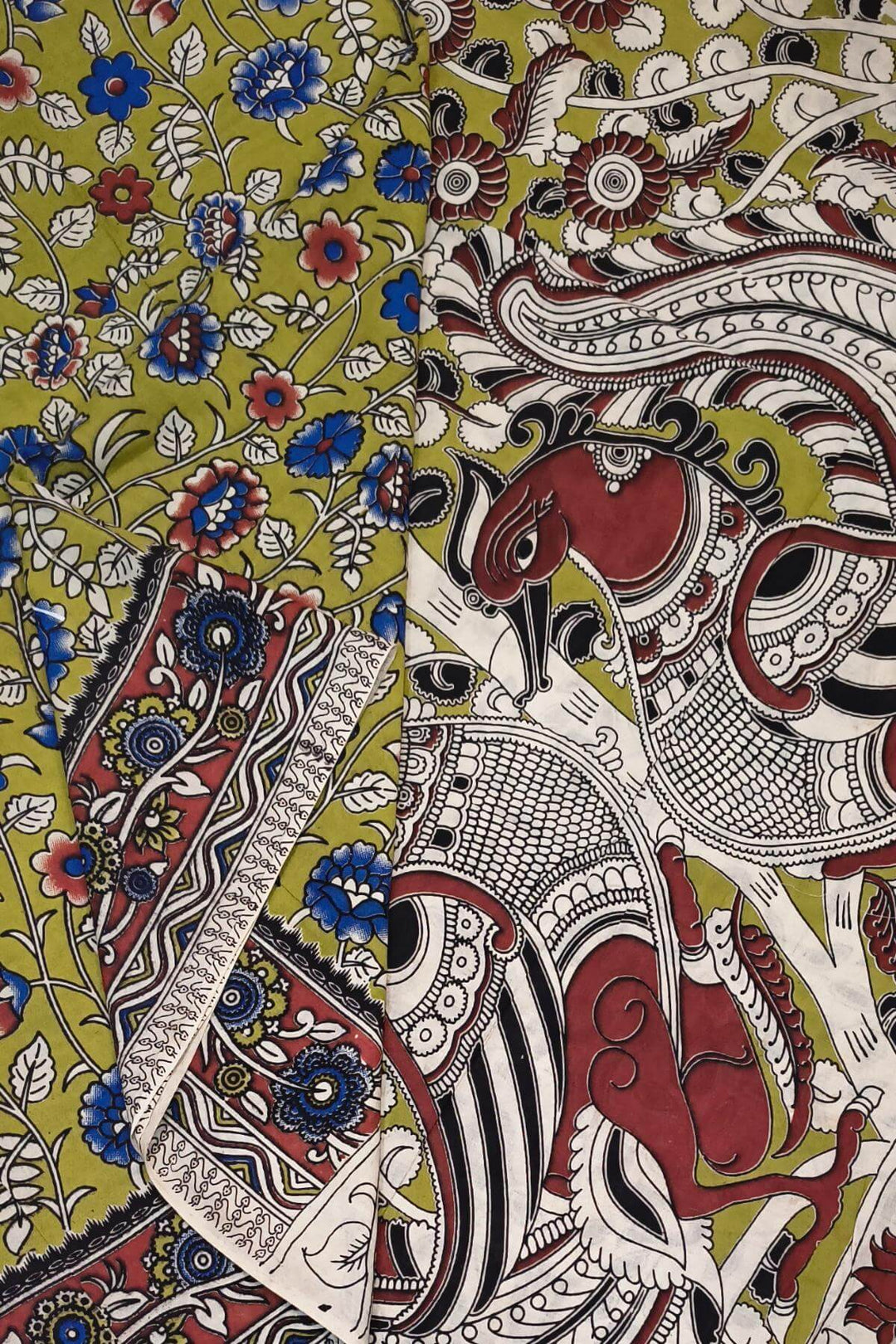 Printed  kalamkari pure cotton saree in mehndi green