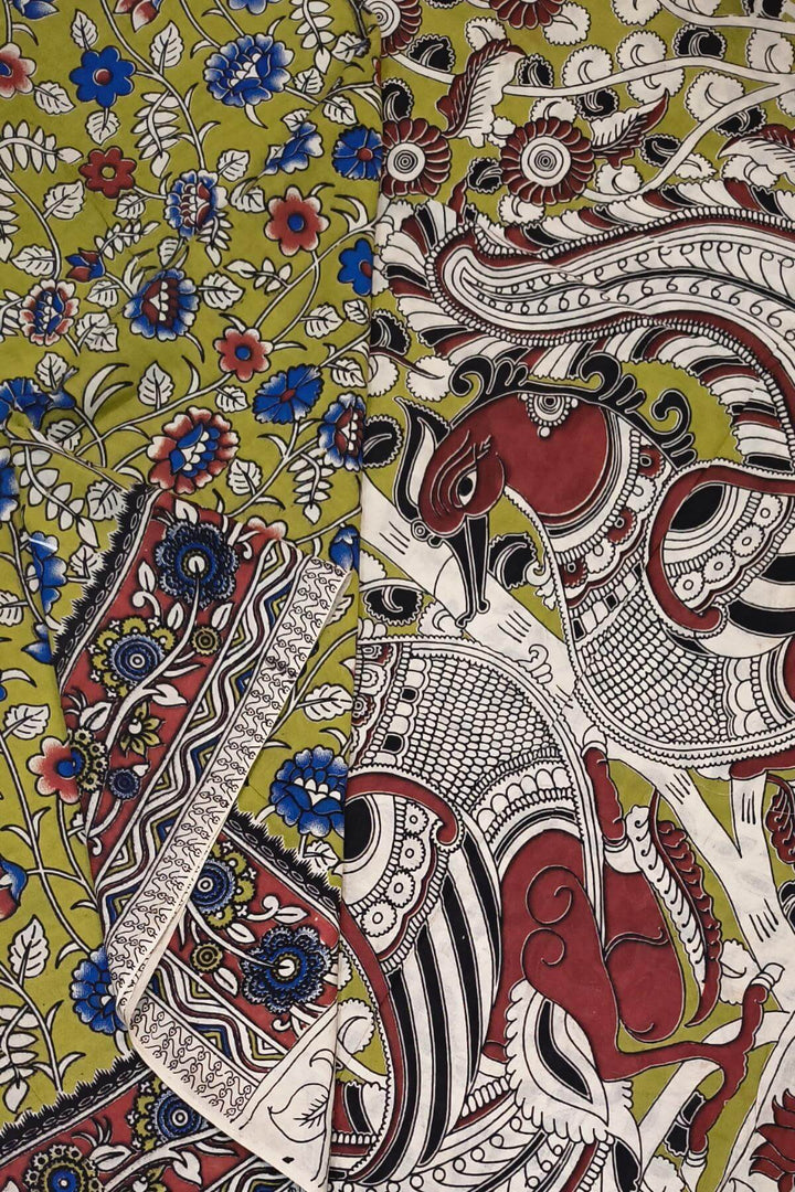 Printed  kalamkari pure cotton saree in mehndi green