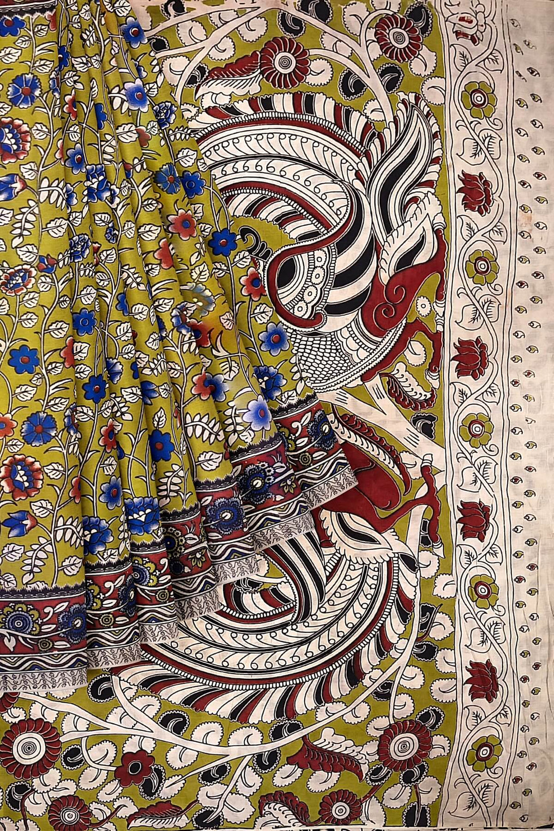 Printed  kalamkari pure cotton saree in mehndi green
