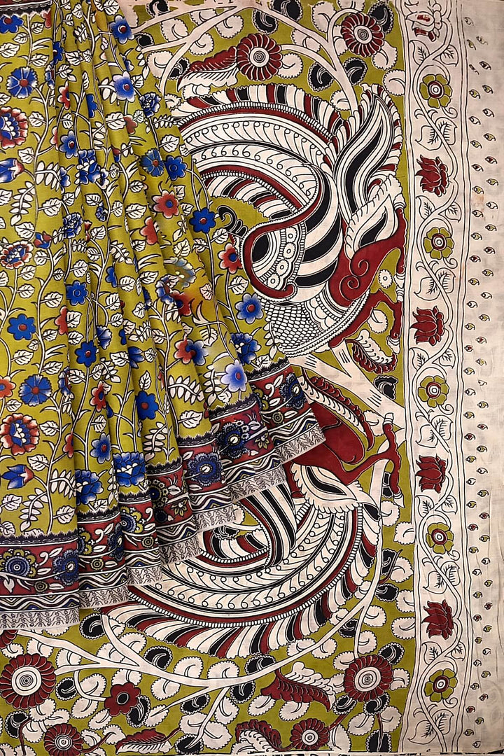 Printed  kalamkari pure cotton saree in mehndi green