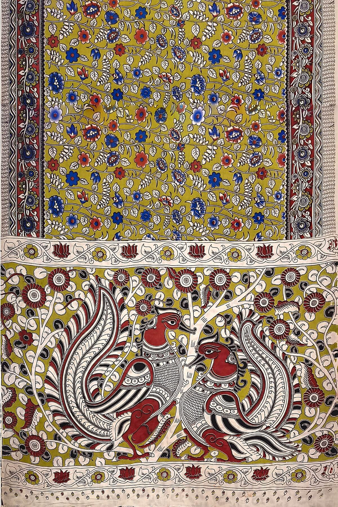 Printed  kalamkari pure cotton saree in mehndi green