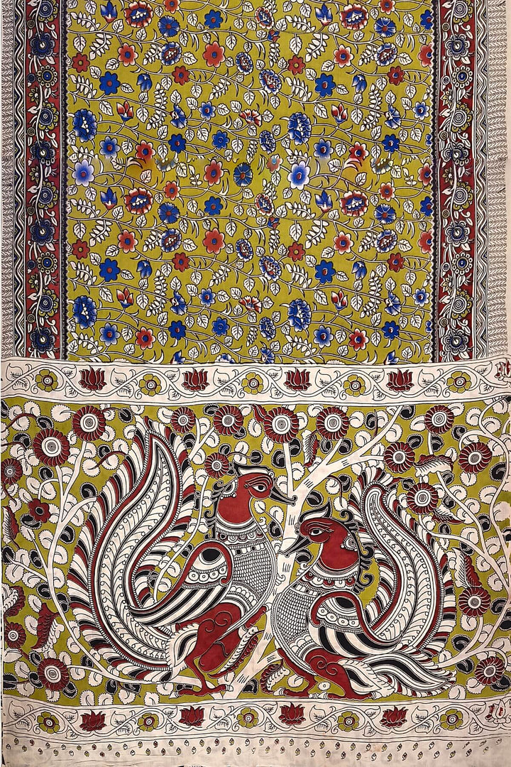 Printed  kalamkari pure cotton saree in mehndi green