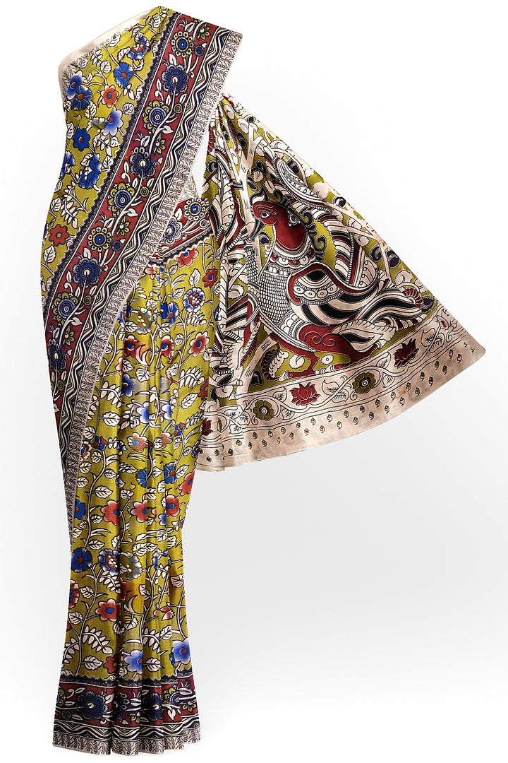 Printed  kalamkari pure cotton saree in mehndi green