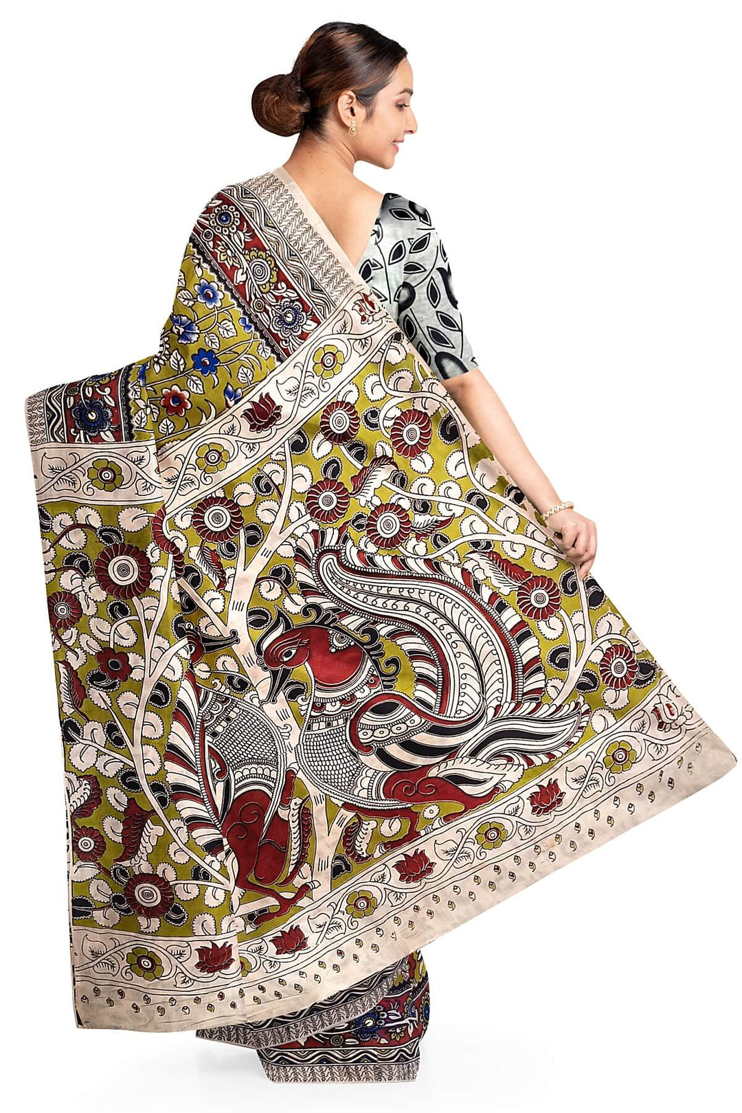 Printed  kalamkari pure cotton saree in mehndi green