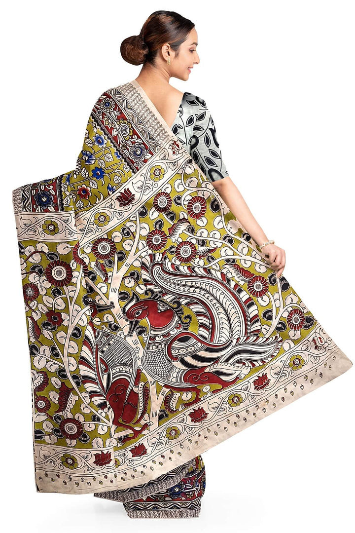 Printed  kalamkari pure cotton saree in mehndi green