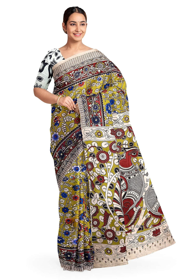 Printed  kalamkari pure cotton saree in mehndi green