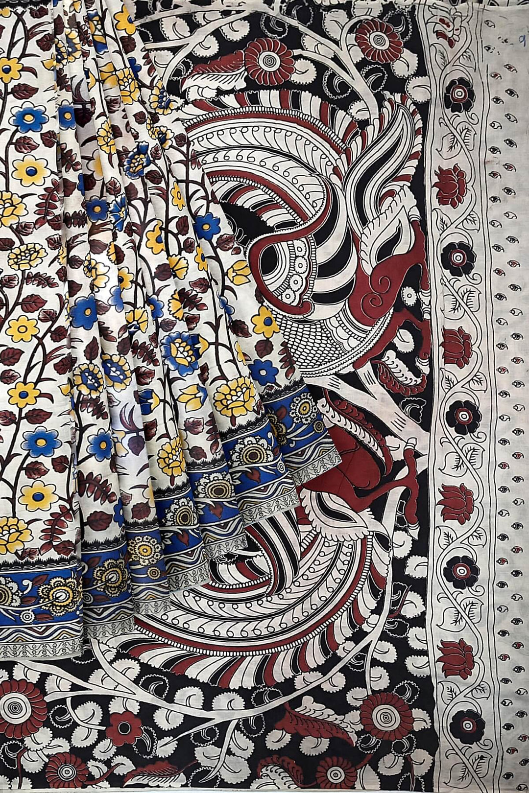 Printed  kalamkari pure cotton saree in  off white