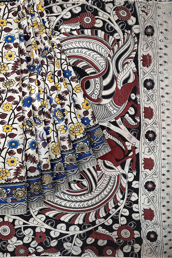 Printed  kalamkari pure cotton saree in  off white