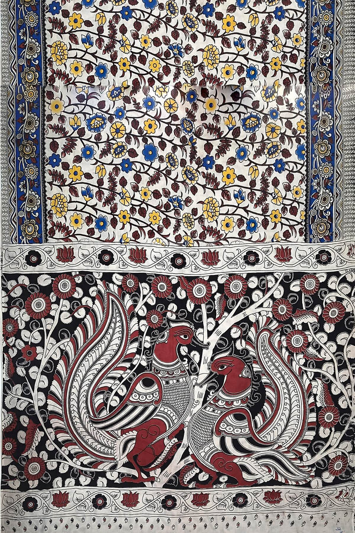 Printed  kalamkari pure cotton saree in  off white