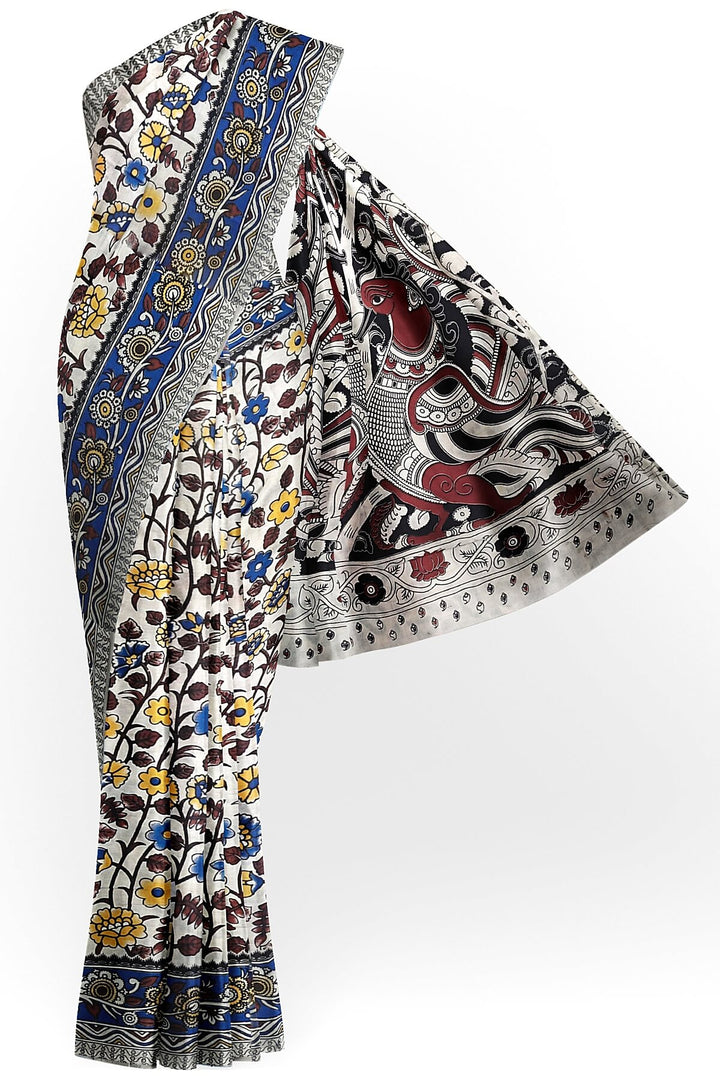 Printed  kalamkari pure cotton saree in  off white