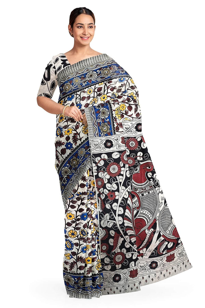 Printed  kalamkari pure cotton saree in  off white