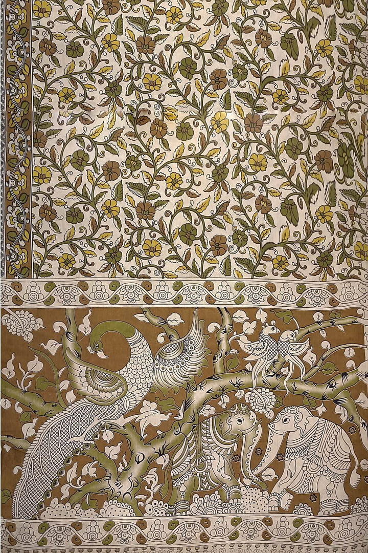 Printed  kalamkari pure cotton saree in  beige