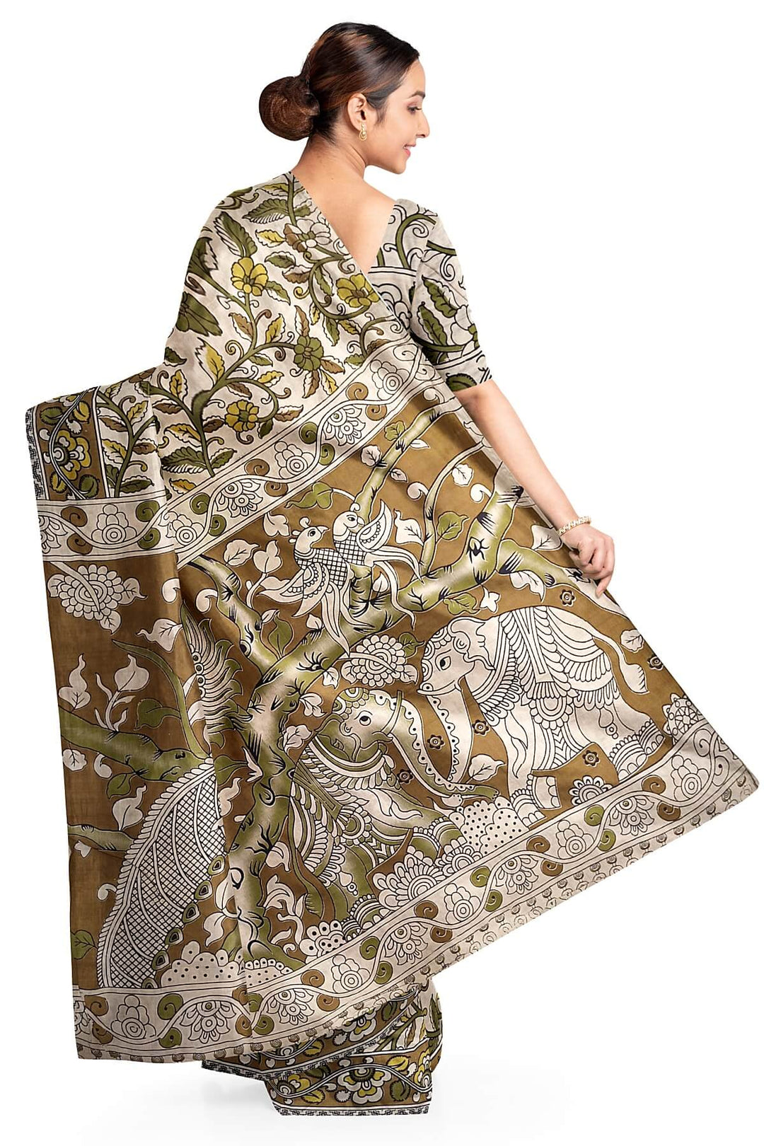 Printed  kalamkari pure cotton saree in  beige