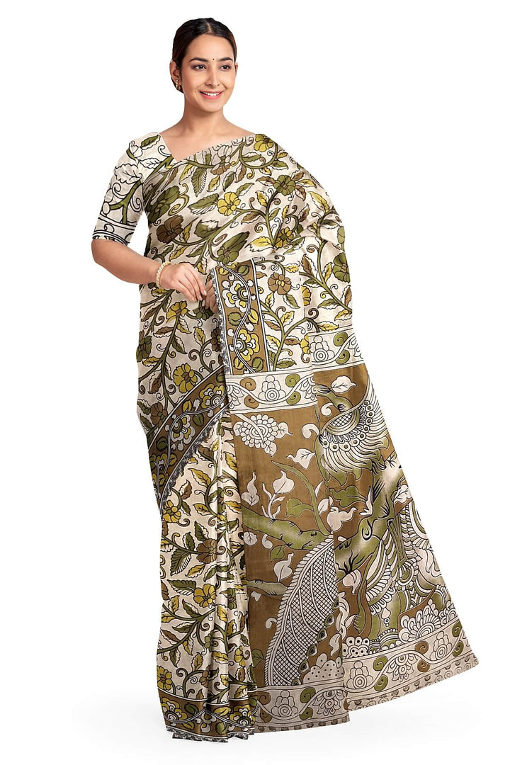 Printed  kalamkari pure cotton saree in  beige