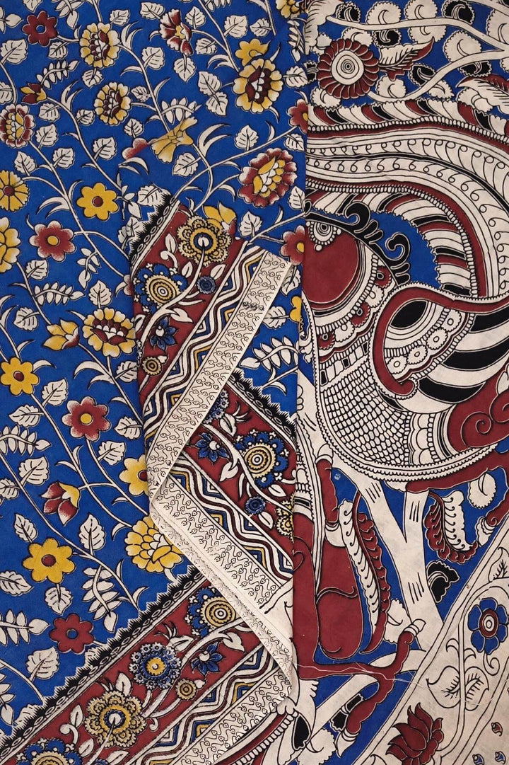 Printed  kalamkari pure cotton saree in  blue