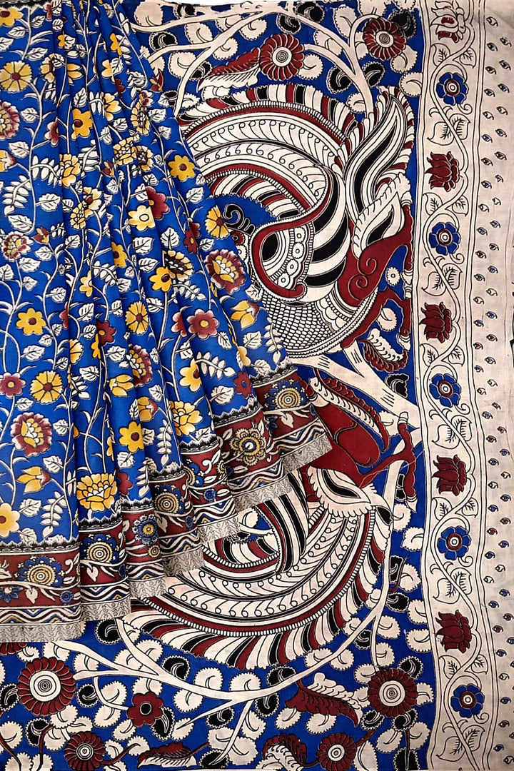 Printed  kalamkari pure cotton saree in  blue