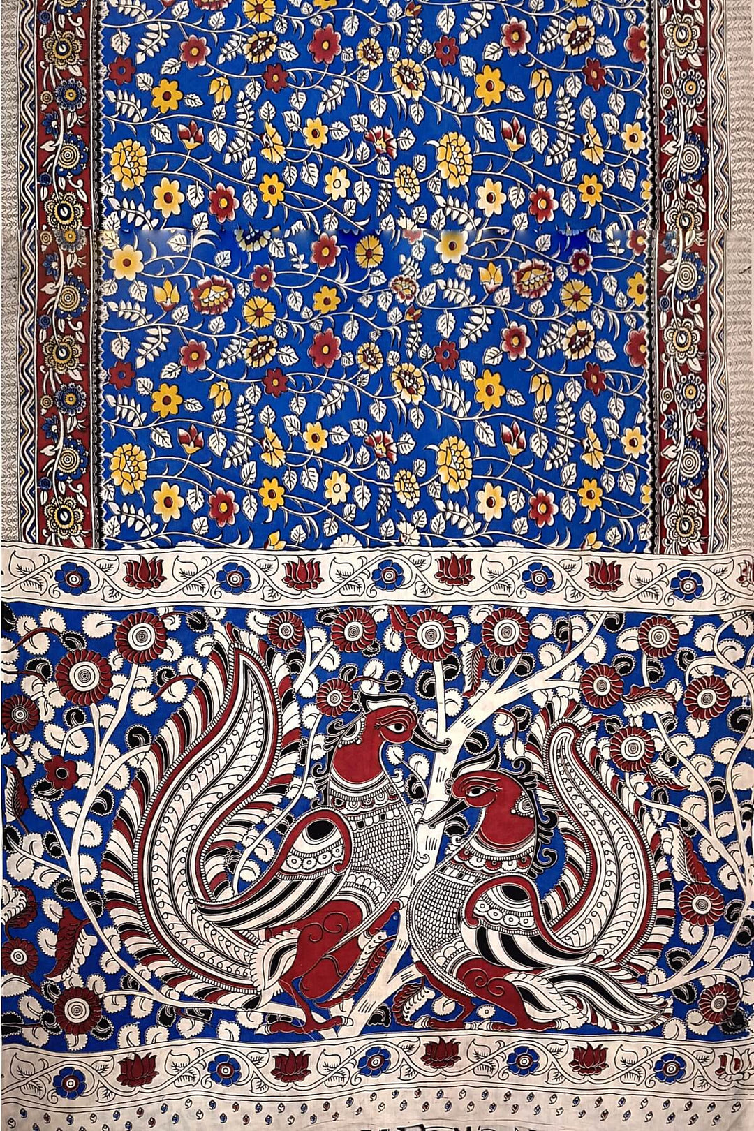 Printed  kalamkari pure cotton saree in  blue