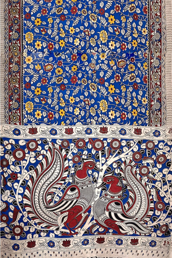 Printed  kalamkari pure cotton saree in  blue