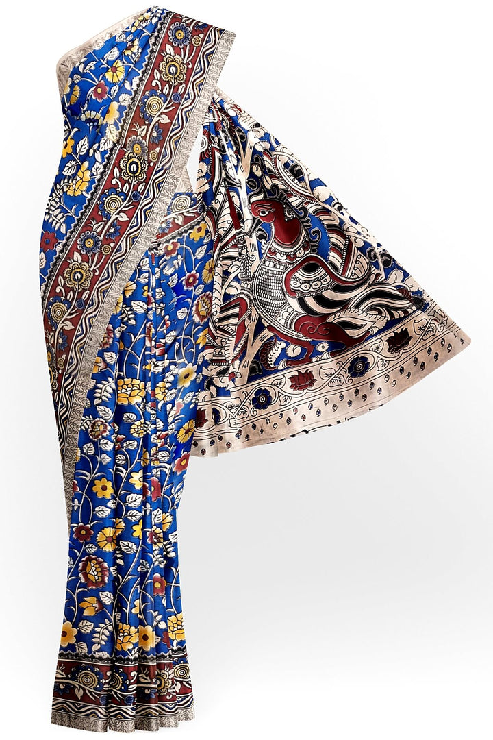 Printed  kalamkari pure cotton saree in  blue
