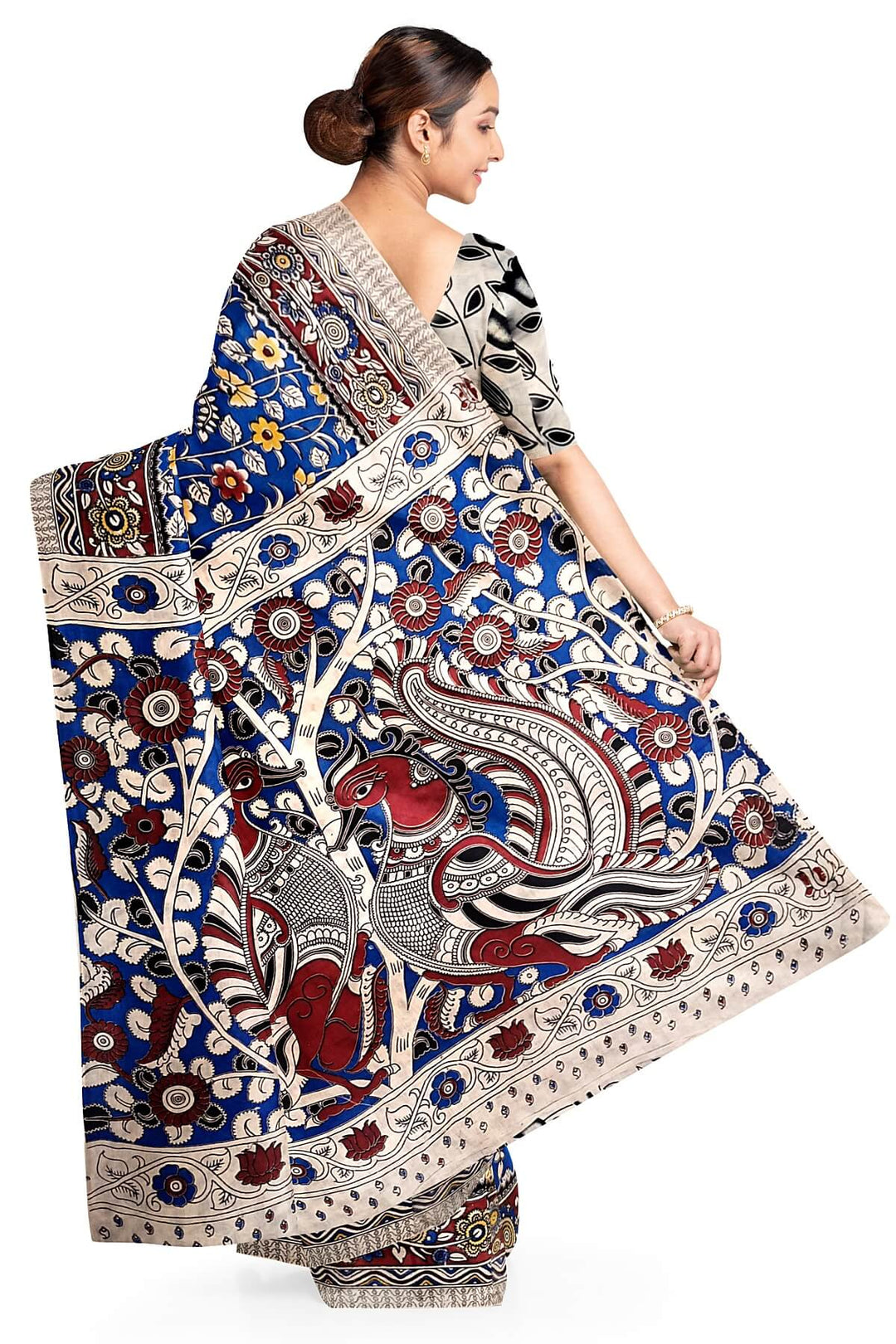 Printed  kalamkari pure cotton saree in  blue