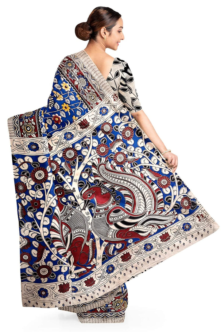 Printed  kalamkari pure cotton saree in  blue