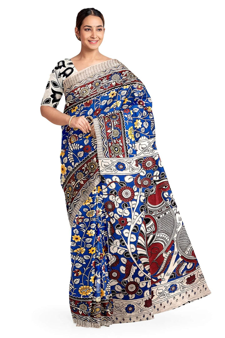 Printed  kalamkari pure cotton saree in  blue