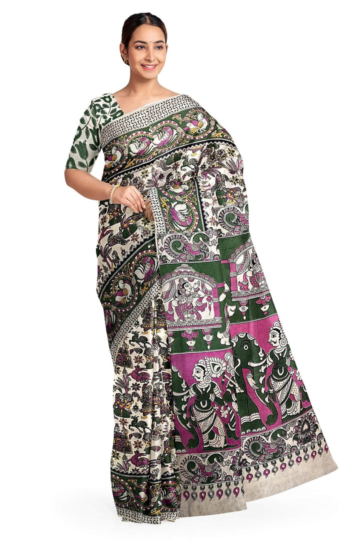 Printed  kalamkari pure cotton saree in off white
