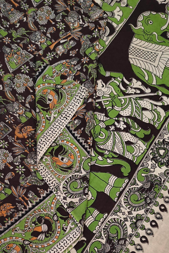 Printed  kalamkari pure cotton saree in  brown